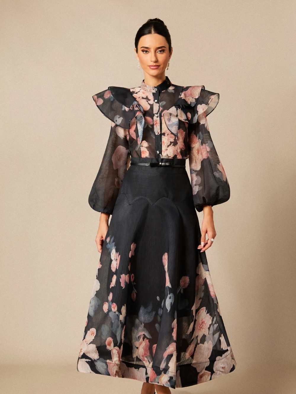 Floral Organza Black & Pink Skirt Set